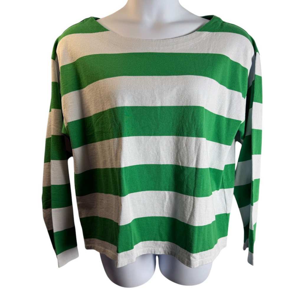 J. Crew Green and White Relaxed 3/4 boat neck shirt